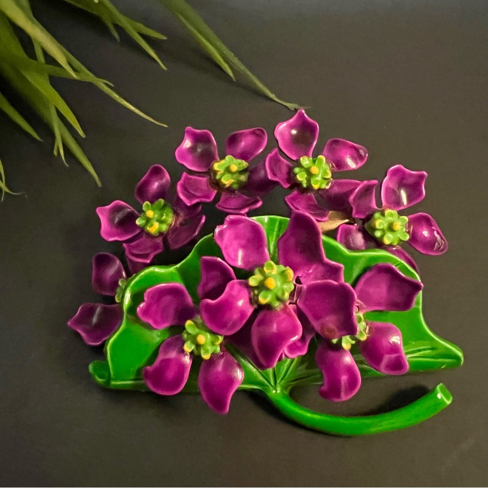 Vintage 1950s Metal Enameled Purple Green Flower Brooch Pin